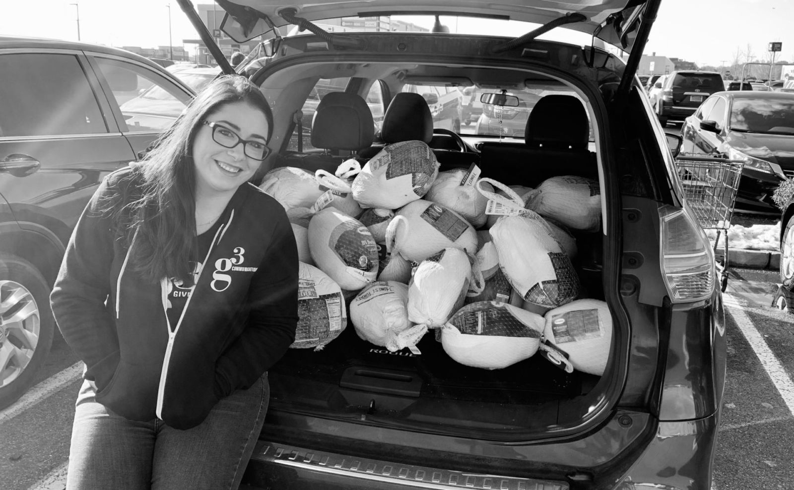 Kristen Forlini with a trunk full of turkeys!